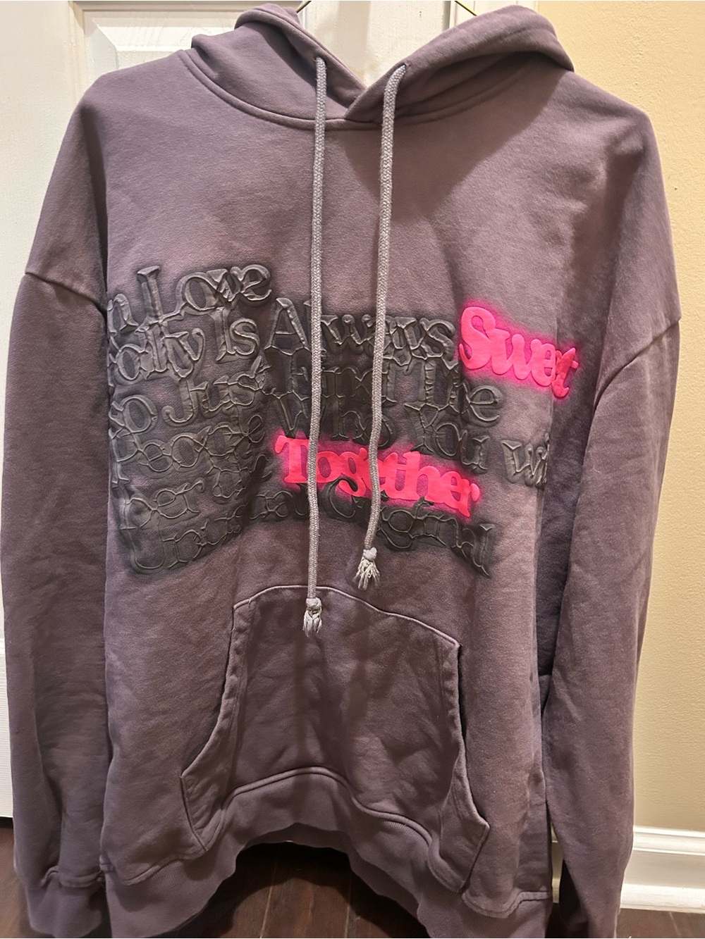 Aelfric Eden Lavender Gray Crewneck Hoodie with Pink 'Sweet Together' Embroidery